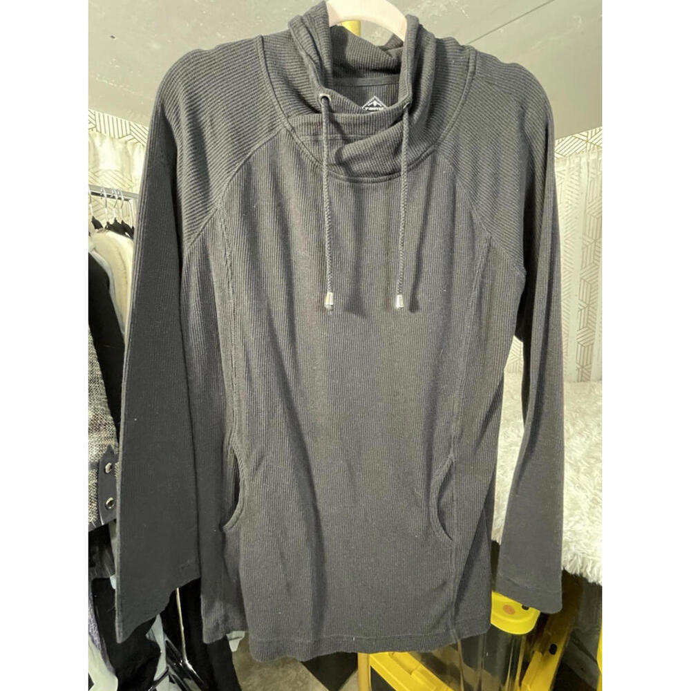 St. John's Bay Active Waffle Knit Tunic Black Drawstring Cowl Neck Sz Med